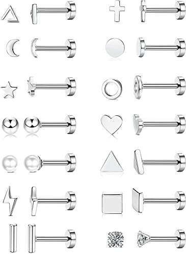 MILACOLATO 14Paar Ohrstecker Klein Damen Herren Ohrringe Silber Edelstahl Mini Geometrische Kreuz Mond Herz CZ Rund Ohrstecker Set Knorpel Tragus Ohrringe Schmuck Mit Schmetterling Kugel Flacher Back von Milacolato