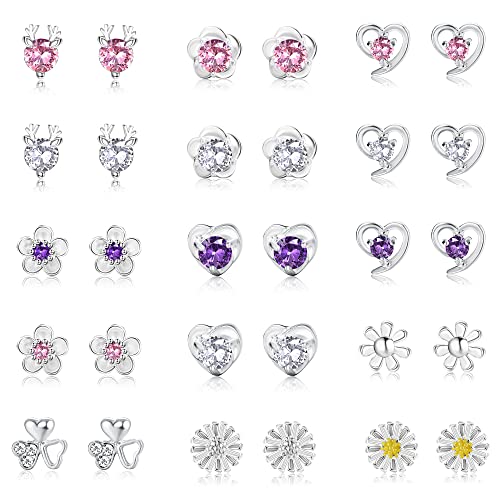 MILACOLATO 15 Paar Plated Silber 925 Ohrringe Mädchen Ohrstecker Silber 925 Kleine Ohrstecker Für Damen Mädchen Zirkonia Kristall Runde Kinderohrringe CZ Blume Ohrringe Kinder Ohrringe Silber Set von Milacolato