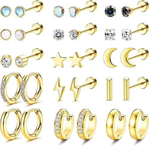 MILACOLATO 15Paar Ohrknorpel Ohrringe Chirurgenstahl Für Damen Herren 20G Ohrstecker Kleine CZ Creolen Huggie Ohrringe Ohrringe Set Tragus Helix Ohr Piercing Schmuck Gold von Milacolato