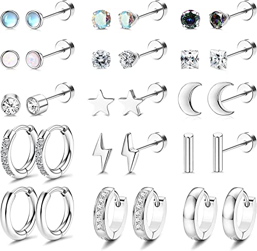 MILACOLATO 15Paar Ohrknorpel Ohrringe Chirurgenstahl Für Damen Herren 20G Ohrstecker Kleine CZ Creolen Huggie Ohrringe Ohrringe Set Tragus Helix Ohr Piercing Schmuck Silber von Milacolato