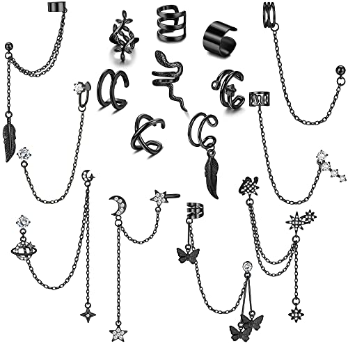 MILACOLATO 16 Stück Ear Cuff Ohrringe Mit Kette Creolen Helix Knorpel Clip On Wrap Ohrringe Verstellbare Durchdringender Knorpel Einstellbare Ohr Cuffs Ohrklemme Set von Milacolato