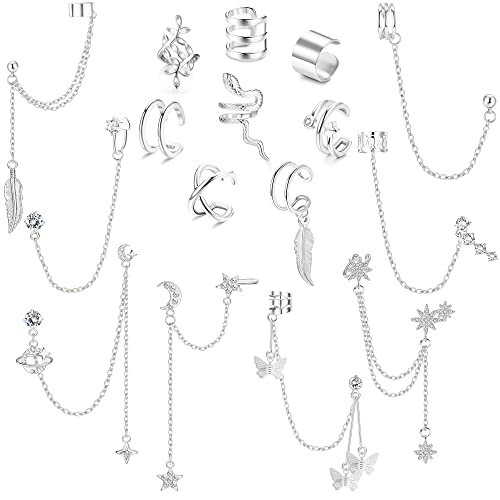 MILACOLATO 16 Stück Ear Cuff Ohrringe Mit Kette Creolen Helix Knorpel Clip On Wrap Ohrringe Verstellbare Nicht Durchdringender Knorpel Einstellbare Ohr Cuffs Ohrklemme Set für Damen Silber MILACOLATO 16 Stück Ear Cuff Ohrringe Mit Kette Creolen Helix Knorpel Clip On Wrap Ohrringe Verstellbare Nicht Durchdringender Knorpel Einstellbare Ohr Cuffs Ohrklemme Set für Damen Silber von Milacolato
