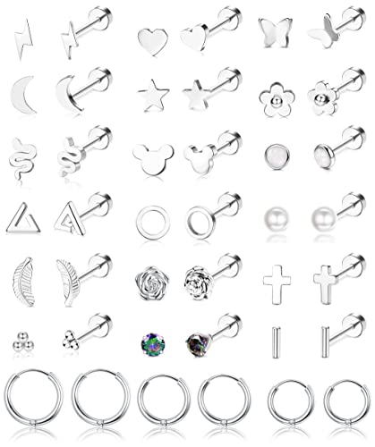 MILACOLATO 18-21 Paar Helix Piercings Knorpel Ohr Piercings Ohrringe Für Damen Tragus Piercing Silber Ohrstecker Edelstahl Damen Edelstahl Moon Star Heart Disc CZ Geometrische Piercing Schmuck von Milacolato