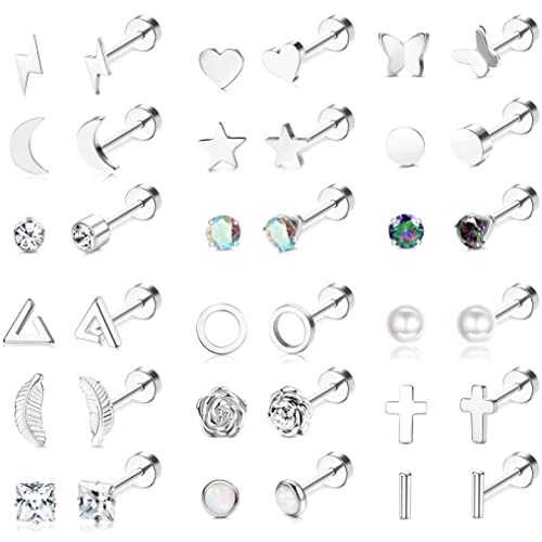 MILACOLATO 18-21 Paar Helix Piercings Knorpel Ohr Piercings Ohrringe Für Damen Tragus Piercing Silber Ohrstecker Edelstahl Damen Edelstahl Moon Star Heart Disc CZ Geometrische Piercing Schmuck von Milacolato