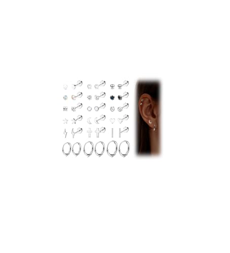MILACOLATO 8 Paar Helix Piercings Ohrstecker Knorpel Piercings Daith Tragus Winzige Knorpel Septum Ohr Für Damen Herren 316L Edelstahl 20G Ohrringe Mond Stern Scheibe CZ Ring Schmuck Ohrringe Set von Milacolato