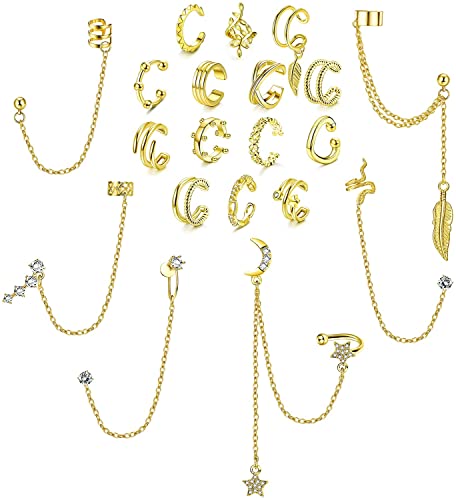 MILACOLATO 20Pcs Ear Cuff Ohrringe Kette Ohrringe Helix Knorpel Clip On Wrap Ohrringe Verstellbare Manschetten Nicht Durchdringender Knorpel Einstellbare Ohr Cuffs Ohrklemme Dangle Set für Damen Gold von Milacolato