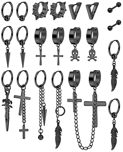 MILACOLATO 21 Stück 316L Edelstahl Creolen Ohrringe für Herren Damen Baumeln Kettenohrringe Punk Gothic Kpop Ohrringe Creolen Blatt Kreuz Ohrringe Set Unisex Schwarz von Milacolato