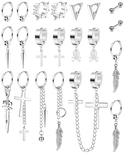 MILACOLATO 21 Stück 316L Edelstahl Creolen Ohrringe für Herren Damen Baumeln Kettenohrringe Punk Gothic Kpop Ohrringe Creolen Blatt Kreuz Ohrringe Set Unisex Silber von Milacolato