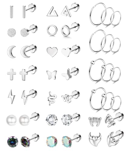 MILACOLATO 22 Paar Knorpel Ohrstecker Set für Frauen Männer 316L Edelstahl Mond Stern Schlange Blatt CZ Geometrisch Knorpel 20G Tragus Helix Ohr Piercing Flach Zurück Ohrstecker PSilber MILACOLATO 22 Paar Knorpel Ohrstecker Set für Frauen Männer 316L Edelstahl Mond Stern Schlange Blatt CZ Geometrisch Knorpel 20G Tragus Helix Ohr Piercing Flach Zurück Ohrstecker PSilber von Milacolato