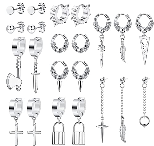 MILACOLATO Kpop Ohrringe Set Herren Damen Edelstahl Ohrringe Creolen Hängend Ohrstecker Punk Goth Statement Kreuz Stern Feder Kette Ohrringe Cool Edgy Men Earrings Hoop, 22 Stücke Silber von Milacolato