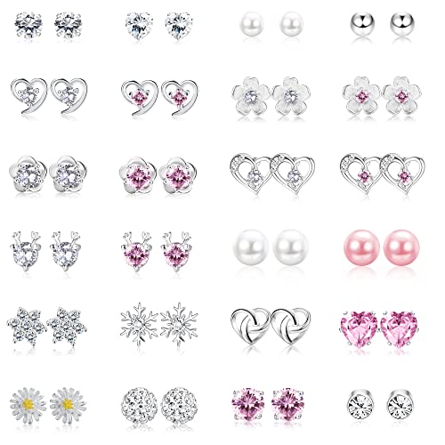 MILACOLATO 24 Paar Ohrringe Silber 925 Ohrstecker Silber Set Silber Ohrringe Damen Cubic Zirkonia Perle Kristall Runde Herzform CZ Blume Schmuck Für Frauen Mädchen von Milacolato