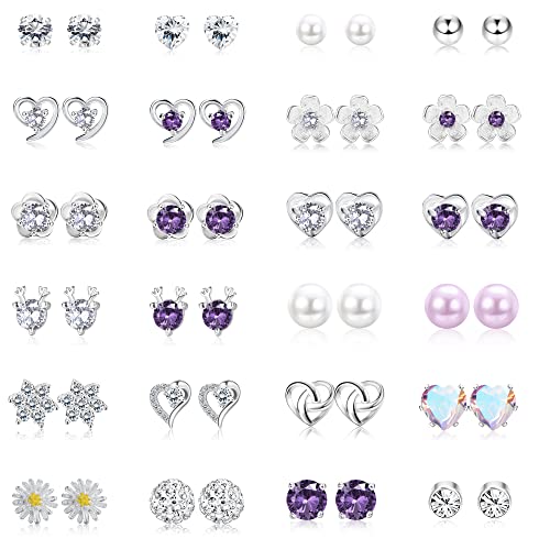 MILACOLATO 24 Paar Ohrringe Silber 925 Ohrstecker Silber Set Silber Ohrringe Damen Cubic Zirkonia Perle Kristall Runde Herzform CZ Blume Schmuck Für Frauen Mädchen von Milacolato
