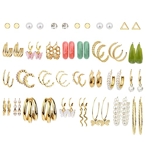 MILACOLATO 30 Paar Gold-Perlen-Ohrringe Set für Frauen Mädchen, Boho-Creolen-Ohrstecker, Drop-Dangle-Ohrringe, Mode-Schmetterling, Schlange, Multipack, Statement-Ohrringe, Acryl-Creolen als Geschenk von Milacolato