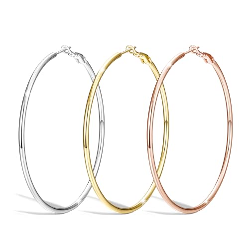 MILACOLATO Große Ohrringe Silber Damen Creolen Set Gold Roségold Mit Ohrpfosten Silber 925, 14Karat Vergoldet Große Kreolen Hängend, 3Paar Hypoallergene öhringen Schmuck 50mm von Milacolato