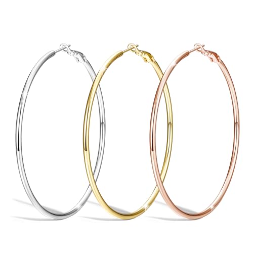 MILACOLATO Große Ohrringe Silber Damen Creolen Set Gold Roségold Mit Ohrpfosten Silber 925, 14Karat Vergoldet Große Kreolen Hängend, 3Paar Hypoallergene öhringen Schmuck 60mm von Milacolato