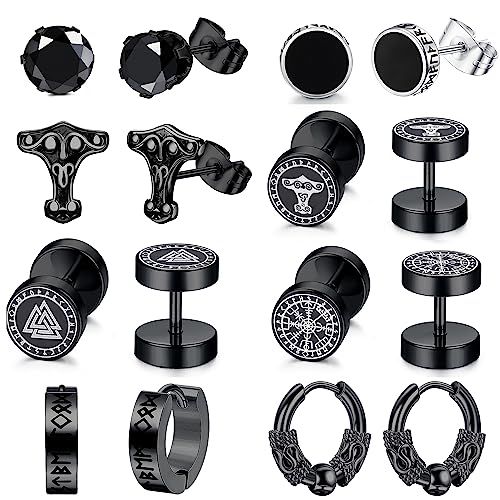 MILACOLATO Edelstahl Ohrringe Herren Set,8 Paar Wikinger Ohrringe für Herren Damen Klassisches Silber Schwarz Ohrstecker Wikinger Kleine Creolen Nordischer Punk Wikinger Schmuck für Männer Schwarz von Milacolato