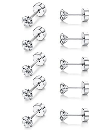 MILACOLATO Titan Ohrringe für Damen Mädchen 5Pairs G23 Titan Ohrstecker für Empfindliche Ohr Piercing Simulierte Diamant Ohrstecker Hypoallergen 20G Flat Back ohrpiercing Titan Knorpel Ohrstecker Set von Milacolato