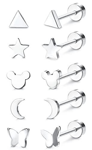 MILACOLATO 5Pairs Titan Ohrstecker für Damen Herren G23 Titan empfindliche Ohr Piercing Ball Dot Herz Opal Perle Türkis Cubic Zirkonia Stern Mond Ohrpiercing Ohrstecker 20G Flatback Ohrringe von Milacolato