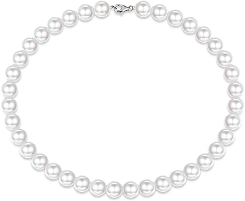 MILACOLATO Perlen Kette 925 Sterling Silber für Männer, Weiße Runde Simulierte Muschelperlen Kette, Choker Halskette für Damen und Mädchen, 6–10 mm von Milacolato