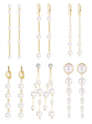 MILACOLATO 6 Paar Lange Perlenohrringe für Damen 14 Karat Vergoldet Quaste Perle Tropfen Ohrringe Einfädler Perle Ohrhänger Schmuck für Braut Hochzeit Gold von Milacolato