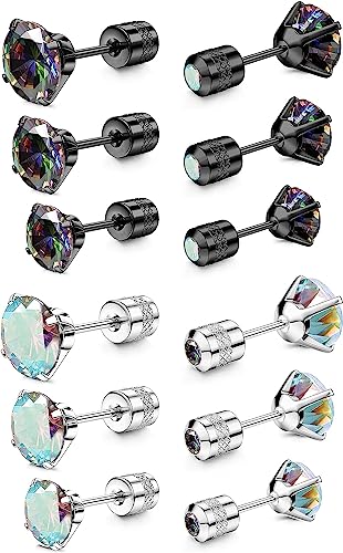 MILACOLATO 6Paar Titan Ohrstecker Set für Empfindliche Ohren Schraube Zurück Hypoallergen Edelstahl Ohrstecker Double Side Regenbogen AB Cubic Zirkonia Knorpel Ohrringe für Damen Herren 4/5/6 MM von Milacolato