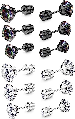 MILACOLATO 6Paar Titan Ohrstecker für Empfindliche Ohren Schraube Zurück Hypoallergen Edelstahl Ohrstecker Double Side Regenbogen Silber Cubic Zirkonia Knorpel Ohrringe für Damen Herren 4-6MM von Milacolato