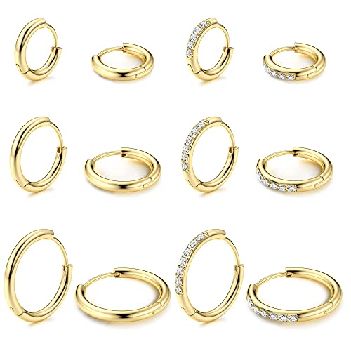 MILACOLATO 6Paar Kleine Huggie Creolen Ohrringe Für Damen Frauen Edelstahl CZ Ohrpiercing Creolen Set Klappohrringe Hypoallergen Schläfer Öhringen Ohrknorpel Piercing Ohr 8/10/12mm Gold von Milacolato