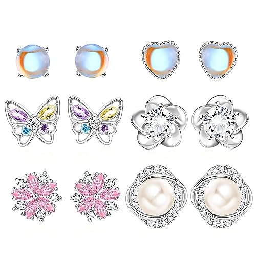 MILACOLATO 925 Silber Ohrstecker für Damen, Hypoallergenes Mond Stern Ohrringe Set, Sterlingsilber CZ Mondstein Herz Blume Schmetterling Ohrringe Ohrstecker Klein Schmuck für Mädchen Kinder Teenager von Milacolato