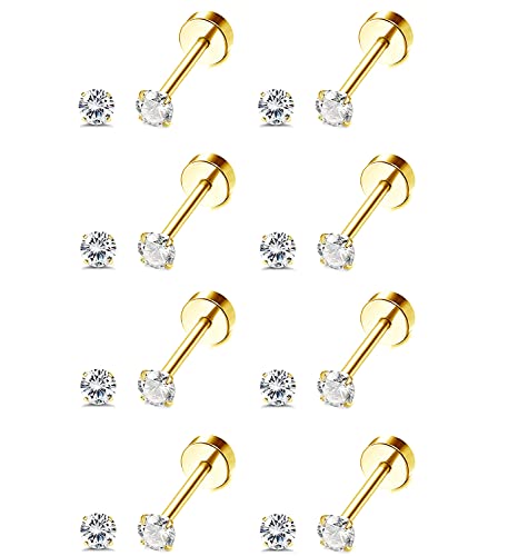 MILACOLATO 8 Paar Ohrstecker Set Hypoallergen Edelstahl für Damen Herren Knorpel Helix Ohrringe 18K Vergoldete CZ Ohrringe mit Schraubverschluss Ohrläppchen Flache Rückseite Ohrstecker Gold 3mm von Milacolato