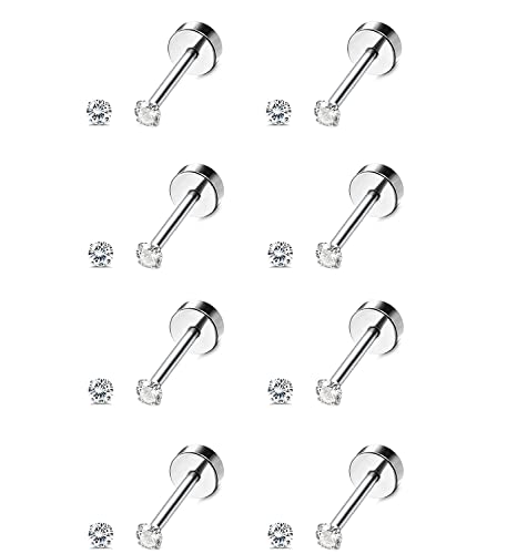 MILACOLATO 8 Paar Ohrstecker Set Hypoallergen Edelstahl für Damen Herren Knorpel Helix Ohrringe 18 Karat Vergoldete Zirkonia Ohrringe Ohrläppchen Flache Rückseite Ohrstecker Silber 2mm von Milacolato