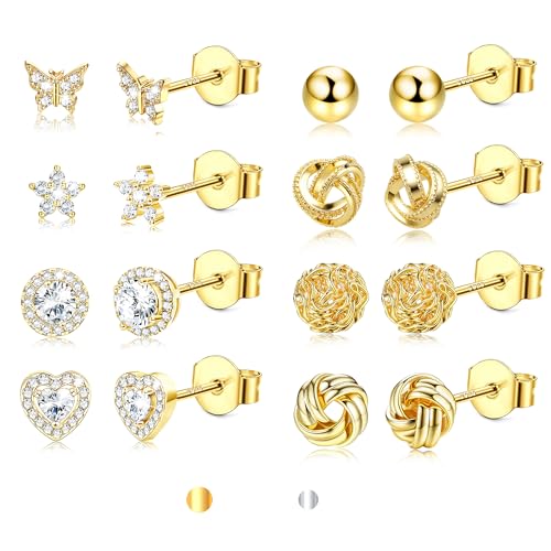MILACOLATO Ohrstecker Gold für Damen, 8 Paar Hypoallergene Silber 925 Ohrringe Gold Stecker in Blume Schmetterling Love Knot Herz Zirkonia Ohrstecker Set für Frauen und Teenager Mädchen von Milacolato