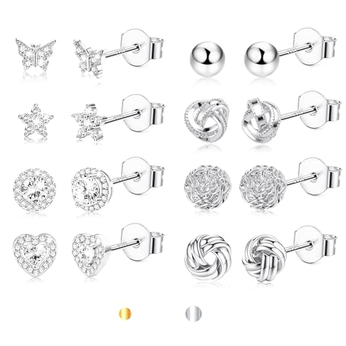 MILACOLATO Ohrstecker Silber 925 für Damen, 8 Paar Hypoallergene Ohrringe Silber Stecker in Blume Schmetterling Love Knot Herz Zirkonia Ohrstecker Set für Frauen und Teenager Mädchen von Milacolato