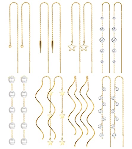 MILACOLATO 8Paar Ohrringe Durchzieher Threader Ohrringe Hängend für Damen Einfädler Ohrhänger 316L Edelstahl Leichte Doppelt Twist Welle Kette Quaste Ohrringe Lange Kettenohrringe Set Gold von Milacolato