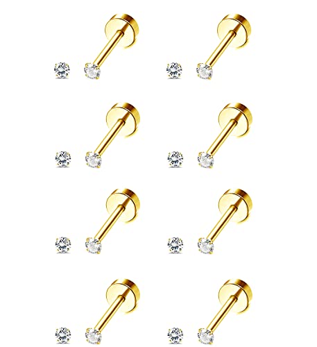 MILACOLATO 8 Paar Ohrstecker Set Hypoallergen Edelstahl für Damen Herren Knorpel Helix Ohrringe 18 Karat Vergoldete Zirkonia Ohrringe Ohrläppchen Flache Rückseite Ohrstecker Gold 2mm von Milacolato