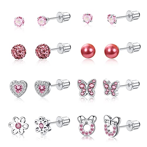 MILACOLATO 8 Paar Ohrstecker Set für Damen Mädchen 316L Edelstahl Knorpel Tragus Helix Klein Kinder Ohrringe Zirkonia Herz Maus Schmetterling Schraubverschluss Rosa Ohrstecker für Kinder Baby von Milacolato