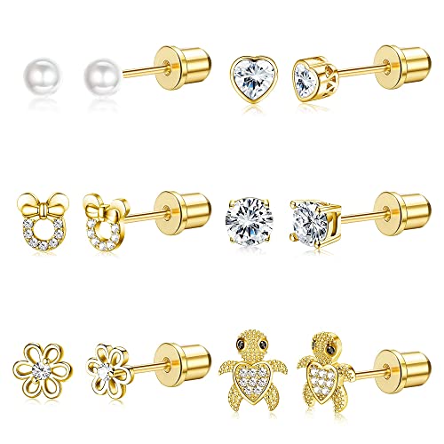 MILACOLATO 6Paar Ohrstecker Ohrringe Set Für Kinder Mädchen Damen Hypoallergene Edelstahl Zirkonia Gesundheitsstecker Ohrringe CZ Herz Blume Cabochon Ohrring Set Helix Öhringen Schmuck Gold von Milacolato