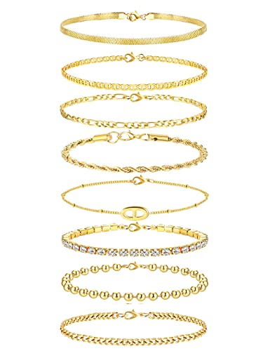 Milacolato Edelstahl Armbänder Set Für Damen Silber Gold Armband Verstellbar 18Karat Vergoldet CZ Kettenarmband Figaro Kubanisches Tennis Kette Armkette Twist Fischgräten Stapelbares Armband Schmuck von Milacolato
