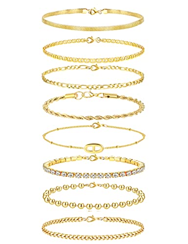 MILACOLATO Edelstahl Armbänder Set Für Damen Armband Verstellbar 18Karat Vergoldet CZ Kettenarmband Figaro Kubanisches Tennis Kette Armkette Twist Fischgräten Stapelbares Armband Schmuck Gold von Milacolato