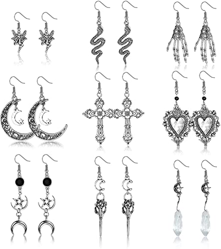 MILACOLATO Gothic Ohrringe für Damen Goth Vintage Grunge Ohrringe Retro Silber Goth Punk Rock Schlange Böser Blick Herz Baumeln Ohrringe Fee Skelett Schwert Sonne Mond Ohrringe Halloween Schmuck 9P von Milacolato