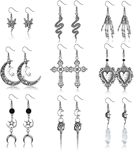MILACOLATO Gothic Ohrringe für Damen - Vintage Grunge Retro Silber Goth Punk Rock Schlange Böser Blick Herz Baumeln Fee Skelett Schwert Sonne Mond Ohrringe Halloween Schmuck von Milacolato