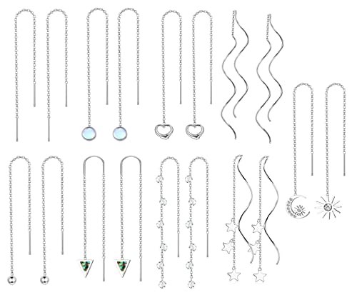 MILACOLATO 9 Paare Edelstahl Lang Ohrringe Hängend für Damen Langfädler Stern Herz Mondstein Funkelnde CZ Durchzieher Ohrring Tropfen Quaste Kette Faden hängende Durchzieher Ohrringe Set Silber von Milacolato