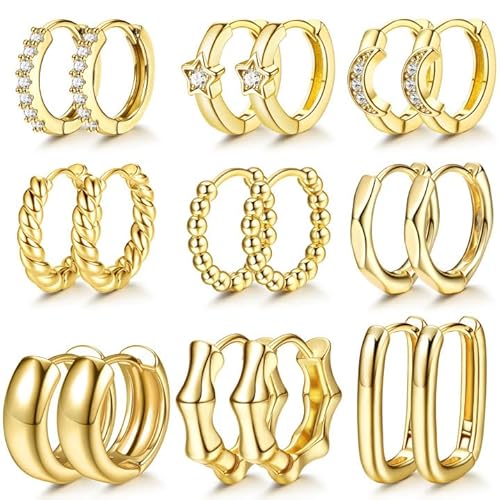 MILACOLATO 9Paar Creolen Ohrringe Gold Set 18K Echt Vergoldete Gold Ohrringe Damen Hypoallergen Huggie Creolen Chunky Goldene mit AAA+ Zirkonia Twist Stern für Damen Mädchen von Milacolato