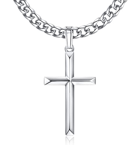 Milacolato Kreuz Kette Herren Damen 925 Silber Hochglanzpoliert Abgeschrägter Rand Kreuz Anhänger, Mit Edelstahl Diamantschliff Miami Panzerkette Halskette Gläubige Silberkette Schmuck 61cm von Milacolato