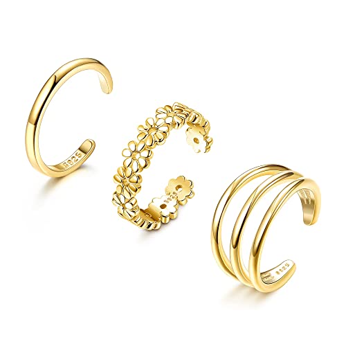 MILACOLATO 925 Silber Zehenring für Damen Mädchen Verstellbar Hypoallergen Gänseblümchen 3-reihig Zehe Ring Gold Offen Manschette Platinierung Zehenringe Sommer Strand Barfuß Sandalen Fußschmuck 3Pcs von Milacolato