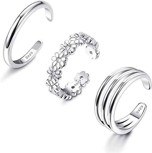 MILACOLATO 925 Silber Zehenring für Damen Mädchen Verstellbar Hypoallergen Gänseblümchen 3-reihig Zehe Ring Offen Manschette Platinierung Zehenringe Sommer Strand Barfuß Sandalen Fußschmuck 3Pcs von Milacolato