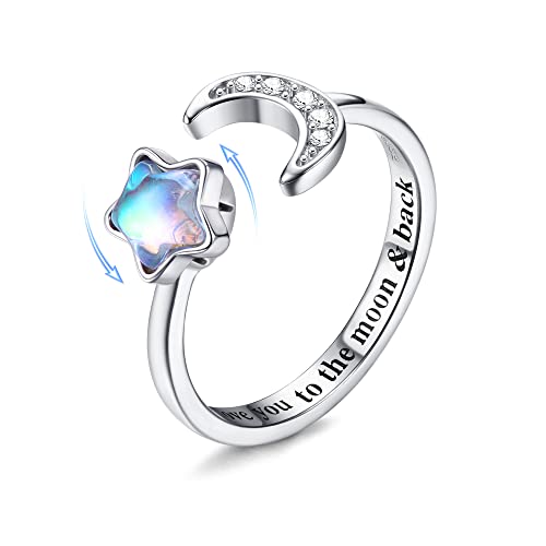 Milacolato 925 Sterling Silber Fidget Ring Für Damen Frauen Mädchen Offen Verstellbar Mondstein Anxiety Ringe CZ Mond Stern Spinner Ring Schriftzug Promise Hochzeit Verlobungsringe Mit Geschenkbox von Milacolato