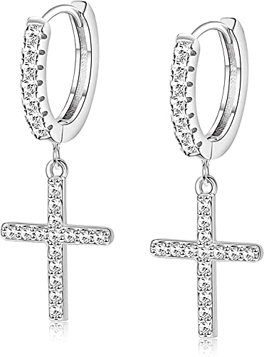 MILACOLATO Creolen Silber 925, Kreuz Creolen für Damen Herren, 18K Vergoldet Pave CZ Manschette Ohrringe, Kreuz Huggie Ohrringe, Baumeln Zirkonia Dangly Ohrringe für frauen Mädchen von Milacolato