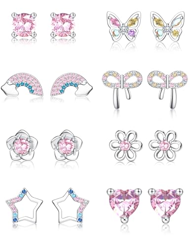 MILACOLATO 8Paar Ohrringe Silber 925 für Mädchen Damen Hypoallergene Ohrstecker Cute Pink Herz Schmetterling Blume Stern Regenbogen Ohrringe Set Kinder Ohrstecker Einschulung Geschenk Silber von Milacolato