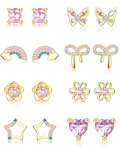 MILACOLATO 8Paar Ohrringe Silber 925 für Mädchen Damen Hypoallergene Ohrstecker Cute Pink Herz Schmetterling Blume Stern Regenbogen Ohrringe Set Kinder Ohrstecker Einschulung Geschenk Gold von Milacolato
