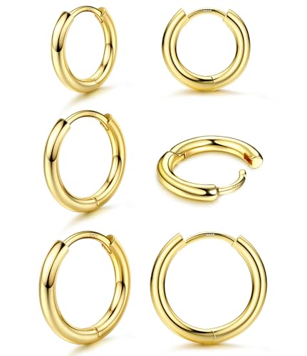 MILACOLATO 925 Sterling Silber Ohrringe Hoops Ohrringe für Frauen 18K Weißgold vergoldet Huggie Hoops Hochglanzpolierte Hoop Ohrringe Hypoallergene Hoop Ohrring für Frauen Mädchen Gold 3Paar von Milacolato